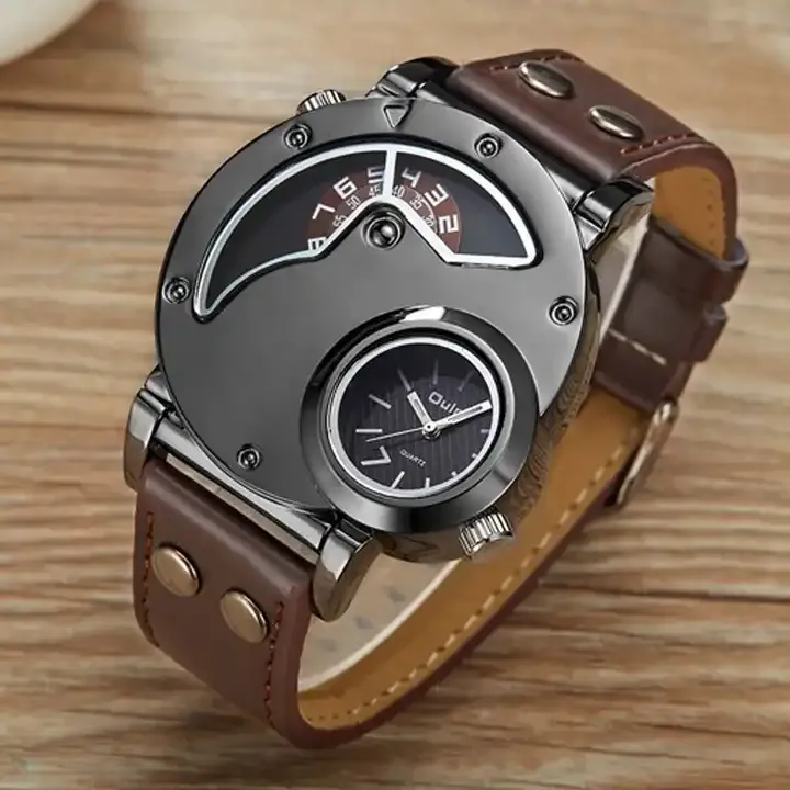 Oulm Unique Dual-Time Zone Men's Quartz Watch with Riveted Leather Strap