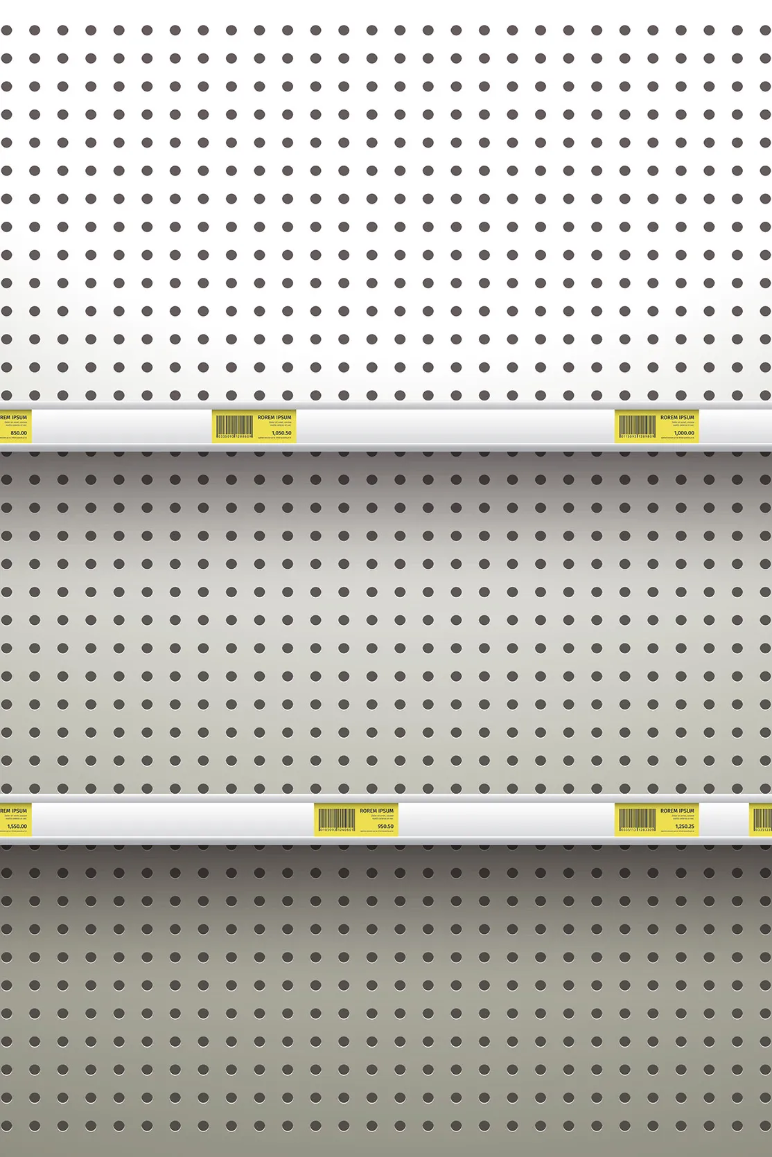 White Pegboard Background with shelves and price tags