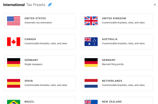 International tax configuration presets and templates for ProjectionLab