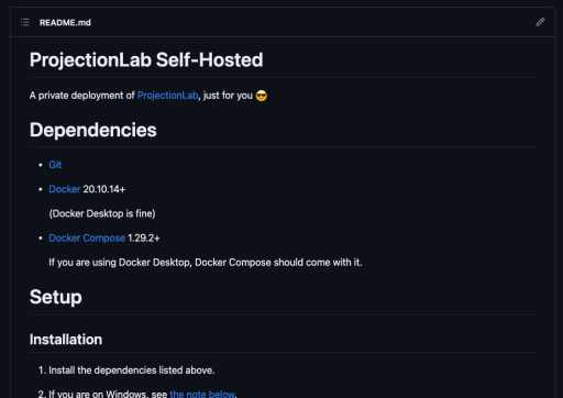 README with setup instructions and dependencies for how to self-host your financial plans with ProjectionLab