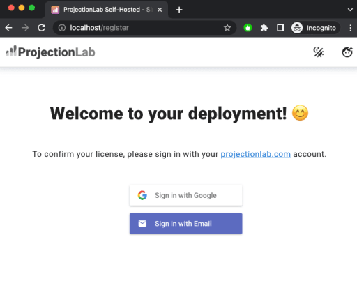 Welcome screen for the self-hosted version of ProjectionLab