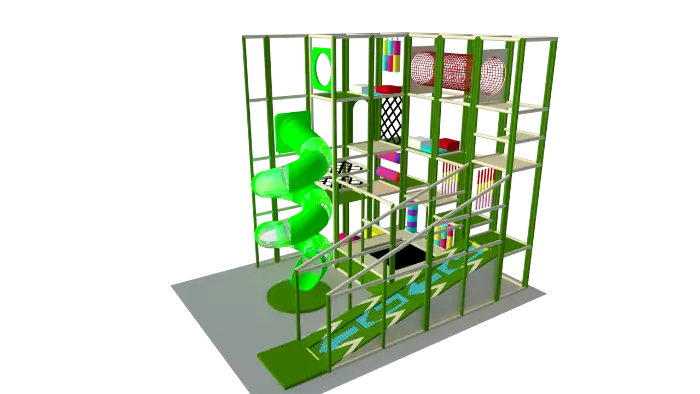 Alanya Utopia World Otel içindeki yeşil ve çok katlı, spiral kaydıraklı soft play alanı.