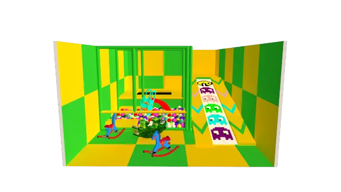 Yeşil ve sarı temalı, trambolin, top havuzu ve Pac-Man temalı kaydırak içeren 24m²'lik kapalı oyun alanının 3D tasarım görseli.