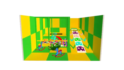 Image de conception 3D d'une aire de jeux intérieure de 24 m² avec thème vert et jaune, trampoline, piscine à balles et toboggan sur le thème Pac-Man.