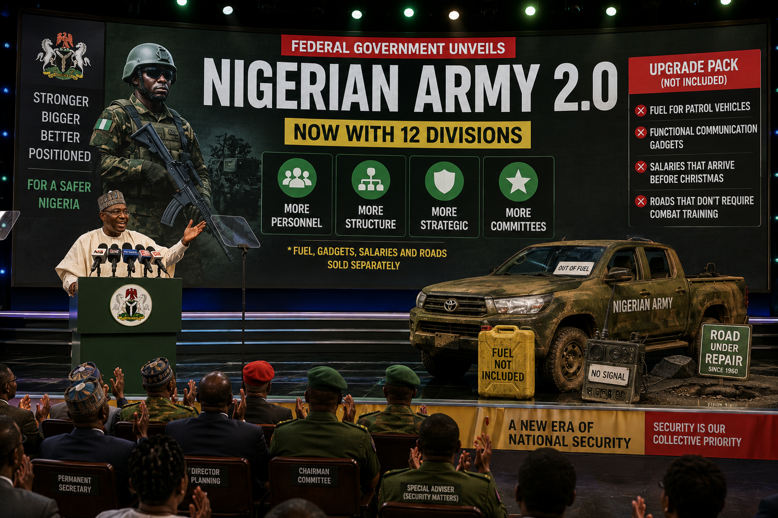 FG Announces Army Restructuring, Nigerians Wonder If Their Street Can Finally Be Secured Without Creating a WhatsApp Group