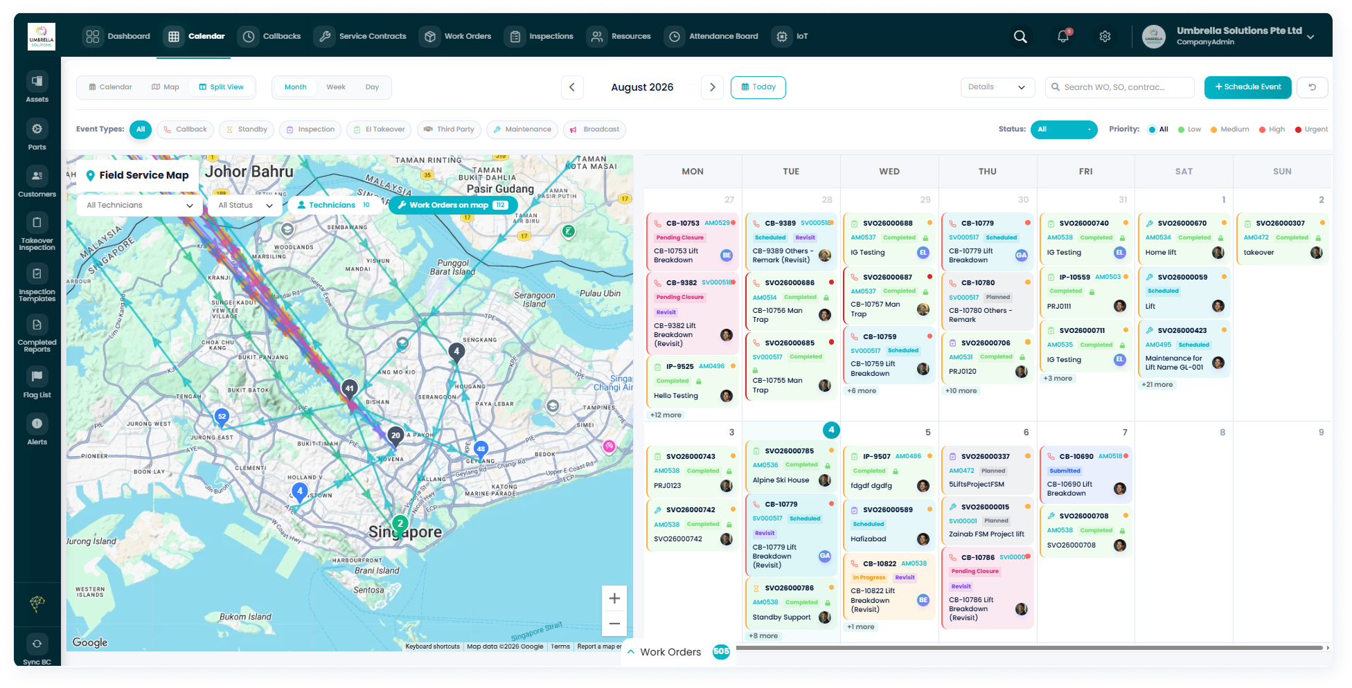 Field service management dashboard with scheduling, technician tracking, maps, and mobile access