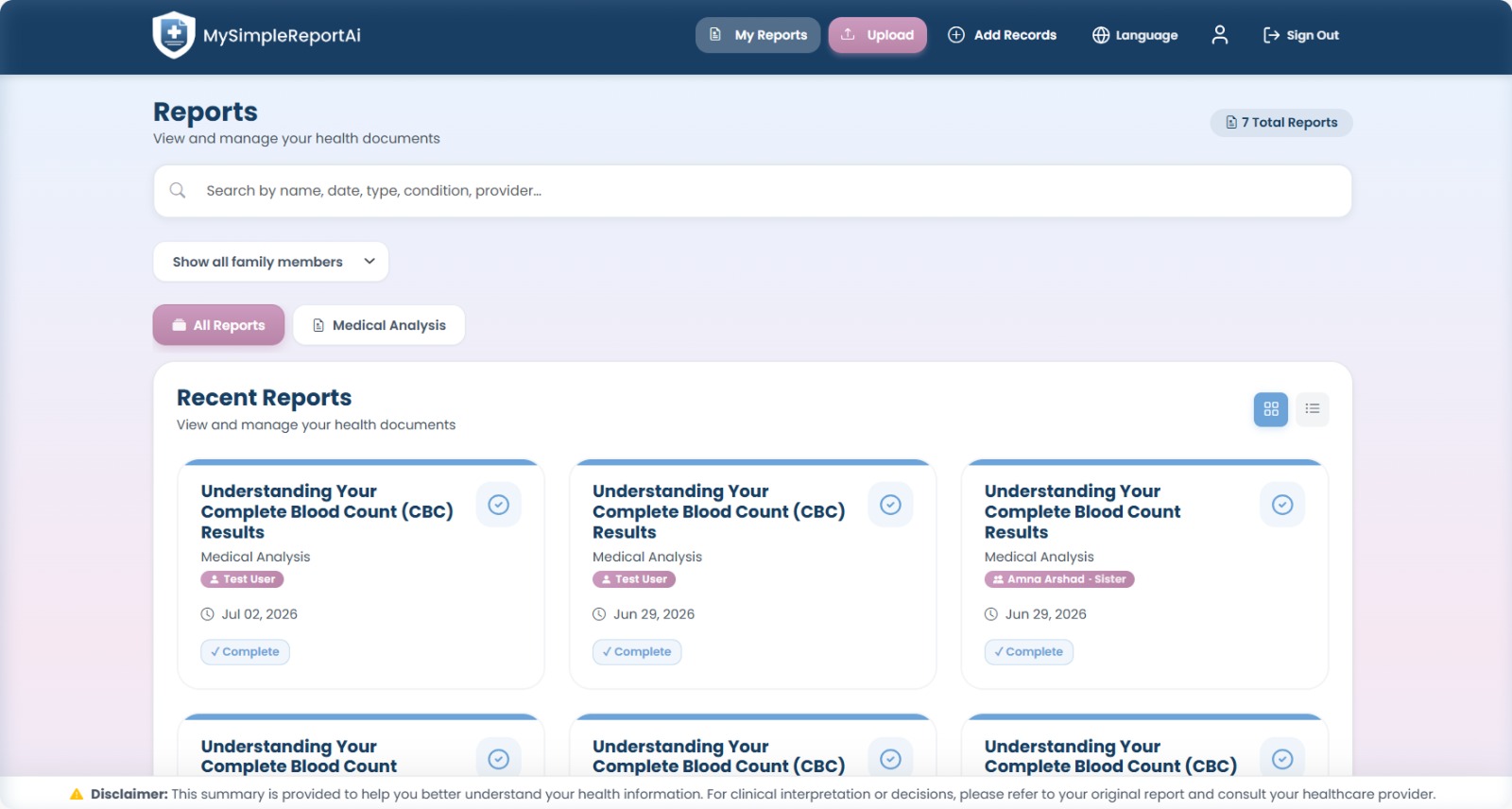 Healthcare dashboard with report summaries, lab results, health records, and mobile access