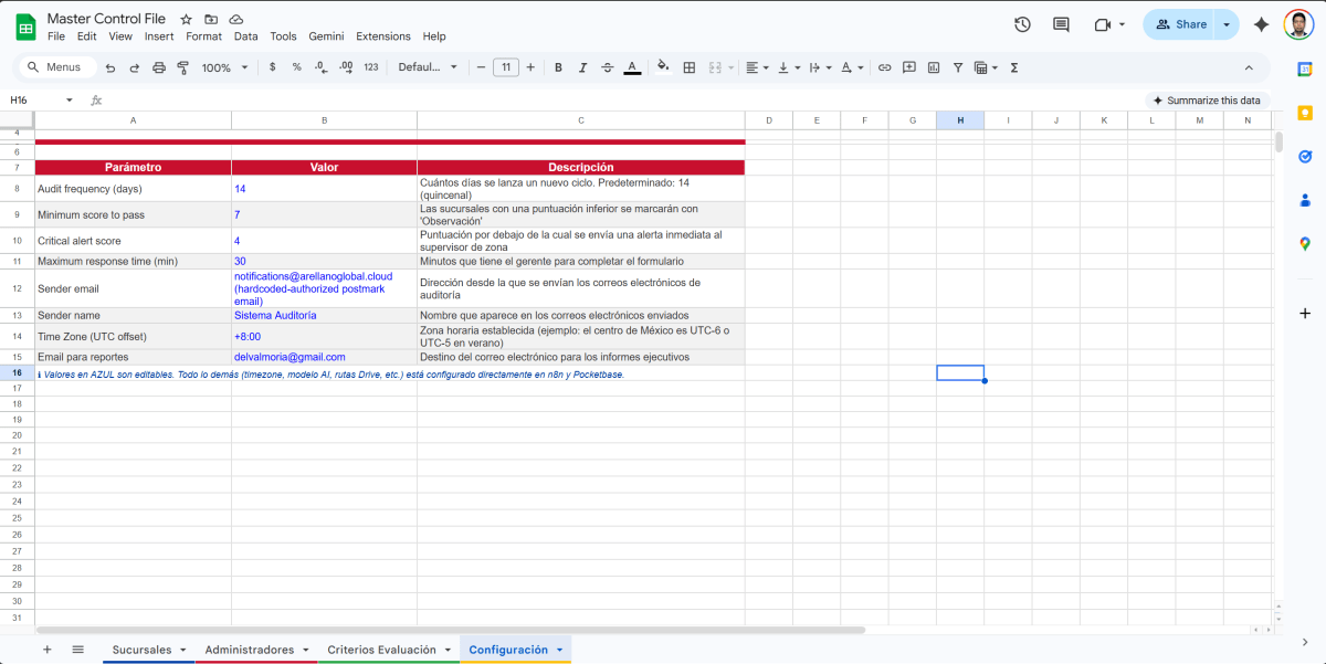 Google Sheet configuration tab with key-value parameters