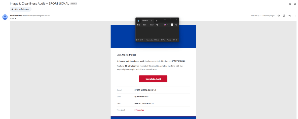 Audit dispatch email sent to branch manager