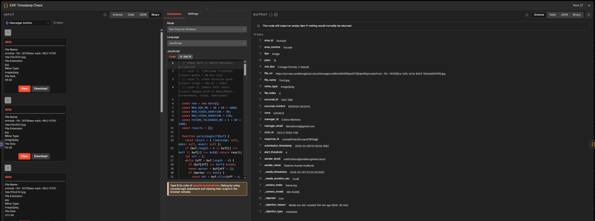 n8n EXIF Timestamp Check code node