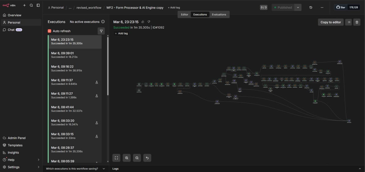 WF2 Form Processor and AI Engine workflow canvas