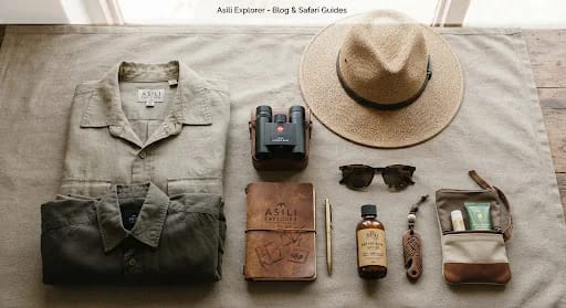 Flat lay photograph of essential luxury African safari gear arranged neatly on neutral canvas: khaki linen shirts, wide brim safari hat, pair of Leica compact binoculars, leather notebook, polarized sunglasses, natural sunblock, earth tone aesthetic.