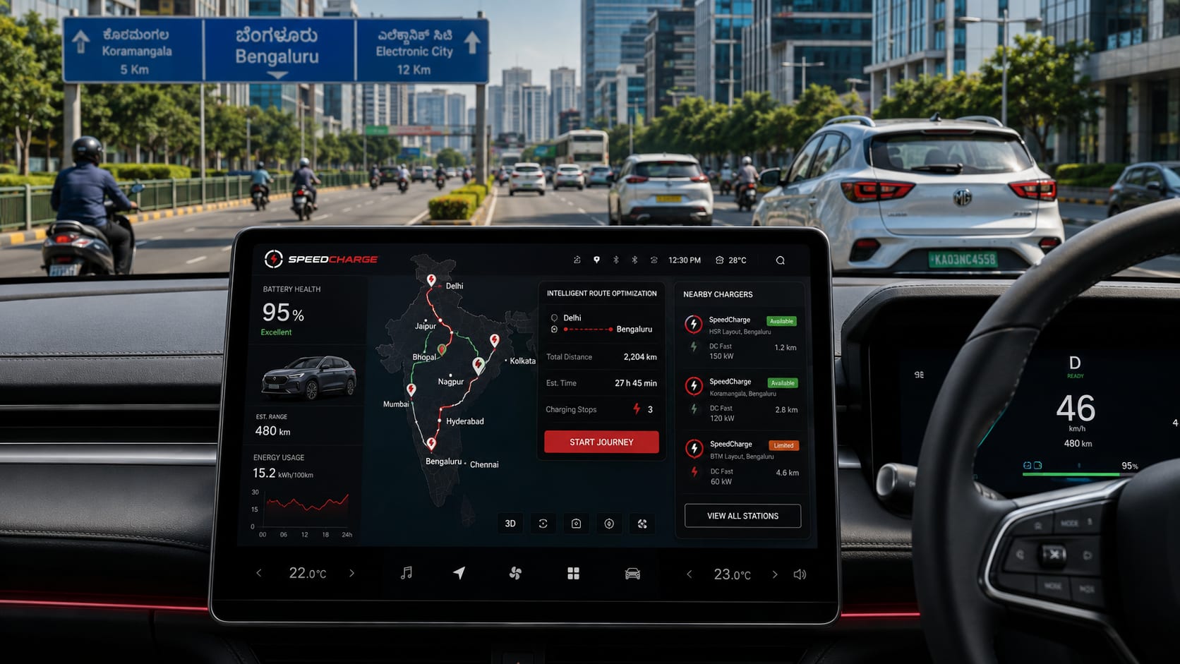 SpeedCharge EV software dashboard showing charging network analytics and connected vehicle data in India