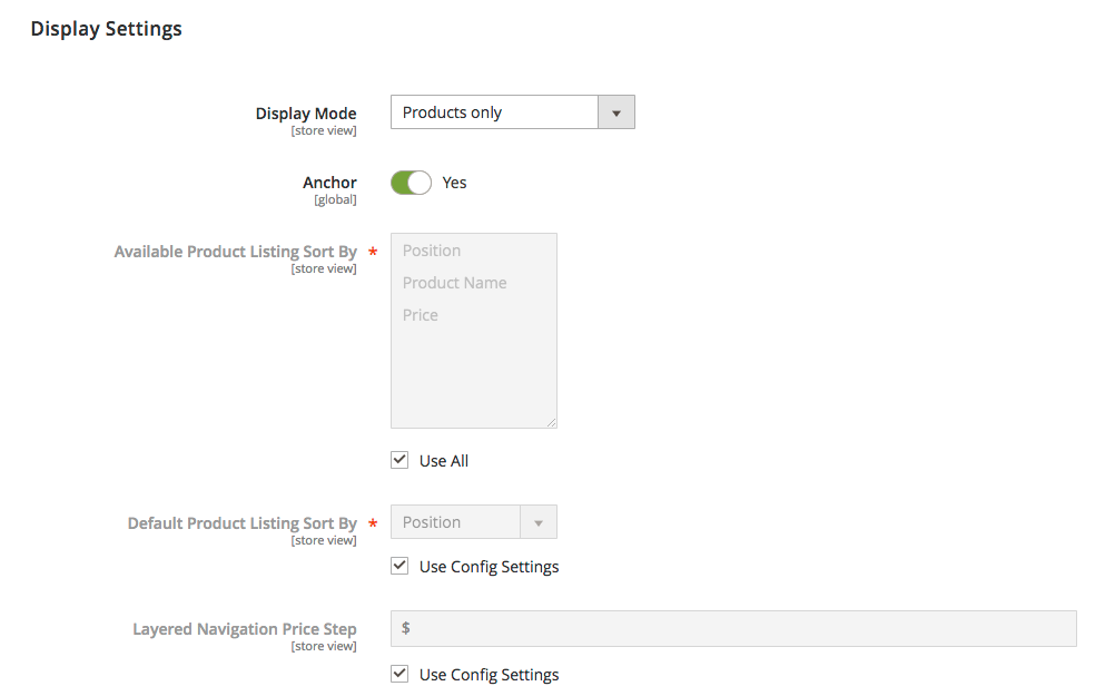 Magento 2 categories display settings