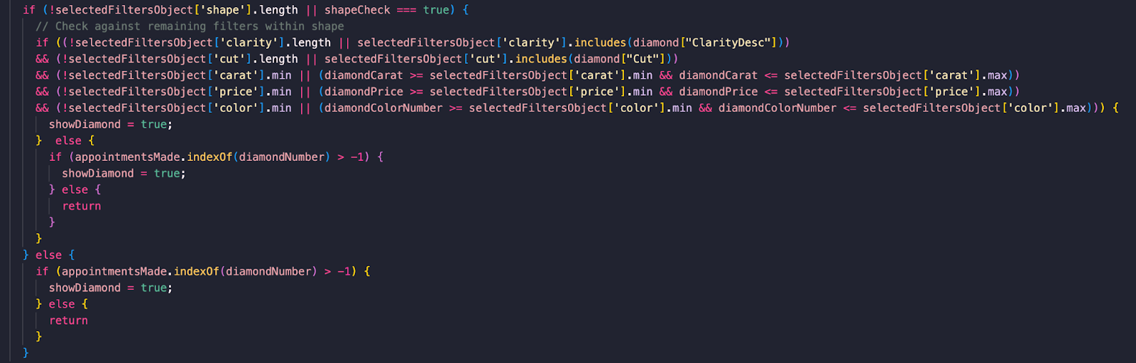 A screenshot of JavaScript code with a complex if-else conditional logic sequence. The code snippet appears to be part of a function that determines whether to display a diamond based on selected filters. It checks if the shape filter is not selected or if other filters such as clarity, cut, carat, price, and color are within defined ranges. If the conditions are met, 'showDiamond' is set to true, indicating that the diamond will be displayed. The code also includes a check to see if the diamond is already included in 'appointmentsMade', affecting whether it should be shown.