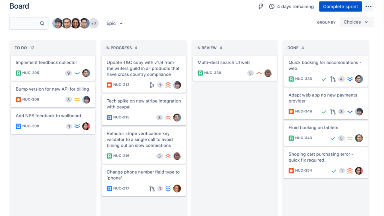 Jira interface - dashboard with projects and stages