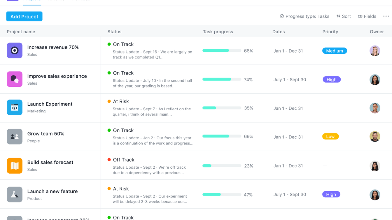 Asana interface to manage projects