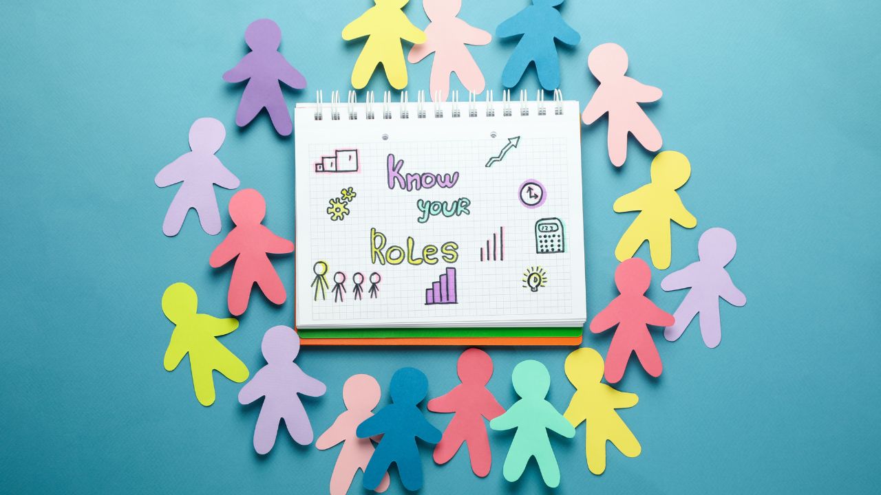 A colorful array of paper cut-out figures in a circle around a notepad with the words "Know your Roles" written on it, set against a teal background. The notepad also has doodles of business-related icons like a chart, light bulb, and gears, indicating a focus on understanding different roles within a team or organization.