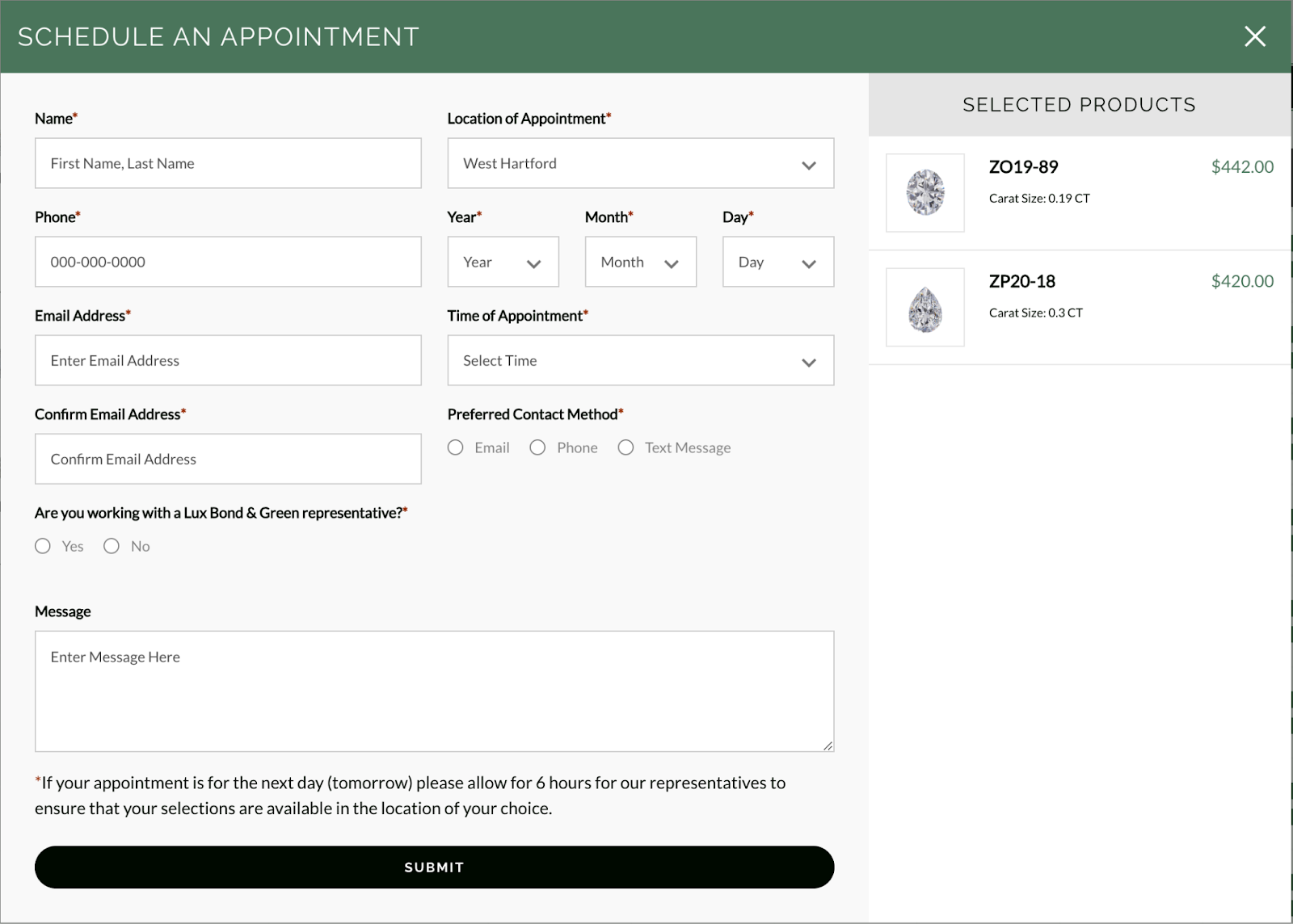 A screenshot of a 'Schedule an Appointment' form from a website. The form has fields for Name, Phone, Email Address (with confirmation), and a question about working with a Lux Bond & Green representative with 'Yes' and 'No' options. It also includes dropdown menus for selecting the Location of Appointment, Year, Month, Day, and Time of Appointment. There's a section for a Message and a note advising a 6-hour allowance for next-day appointments to ensure product availability. To the right is a 'SELECTED PRODUCTS' section showing two diamond products with images, names, prices, and carat sizes listed. At the bottom is a 'SUBMIT' button.