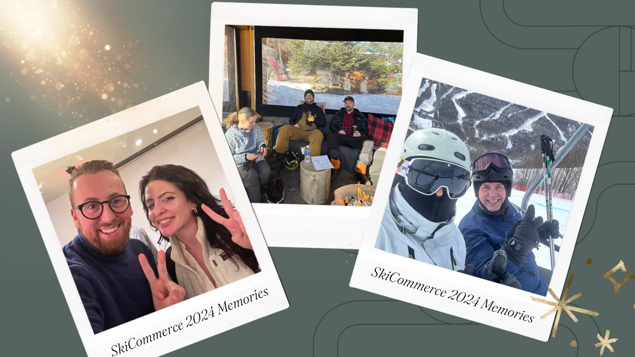 A festive collage of SkiCommerce 2024 memories, featuring a cheerful selfie, attendees relaxing by a fire pit, and two people ready for skiing, all framed against a sparkling background with the text "SkiCommerce 2024 Memories."