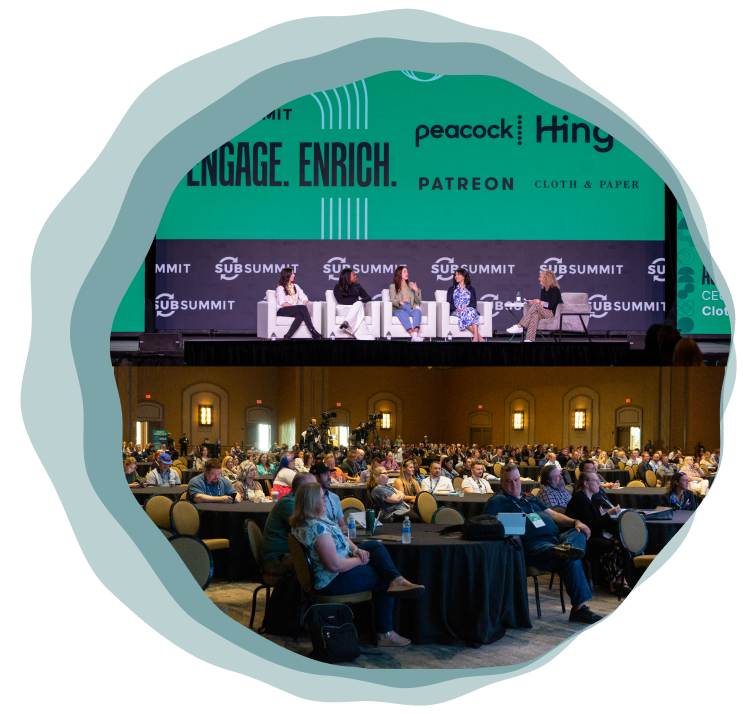 The image is a photograph from a conference, depicted within a circular frame with a teal border. The photograph captures a moment during a panel discussion at a summit, with the stage in the background and the audience in the foreground. On the stage, there are five individuals seated across a table, engaged in conversation, with microphones in front of them. The backdrop of the stage has various logos, prominently featuring the words "ENGAGE. ENRICH." along with the logos of companies like "peacock," "Hinge," "PATREON," and "CLOTH & PAPER." In the audience, numerous attendees are seated at round tables, some looking towards the stage and others conversing with each other. The setting appears to be a large, well-lit conference hall, suggesting a professional event focused on engagement and enrichment, possibly related to subscription services, as indicated by the repeated "SUBSUMMIT" logo on the stage backdrop.