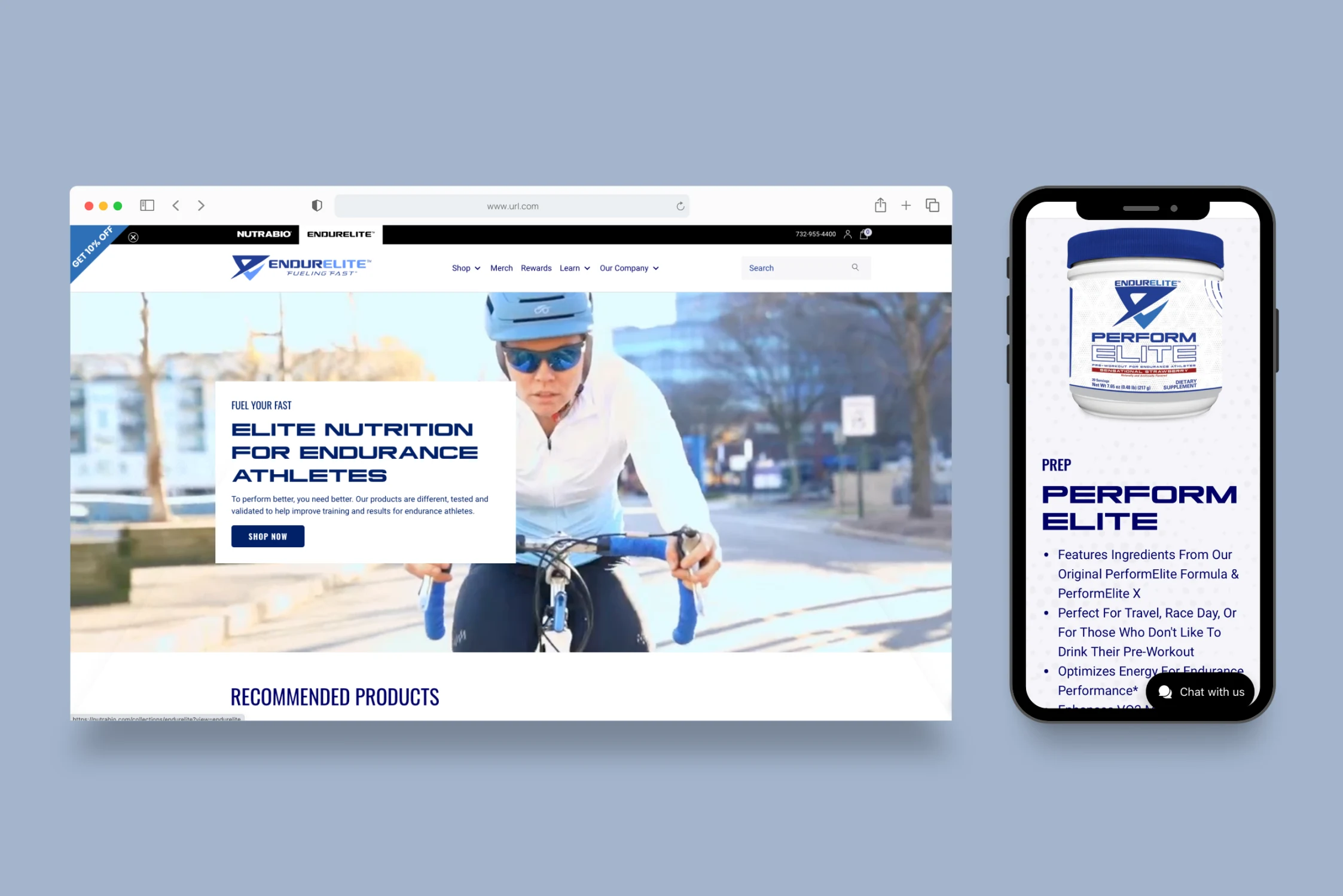 The image is a split screen showing two digital displays. On the left, there's a webpage on a desktop browser with the EndurElite logo at the top. It features a headline 'ELITE NUTRITION FOR ENDURANCE ATHLETES' above a promotional photo of a cyclist in a blue helmet, emphasizing the company's focus on sports nutrition. A call-to-action button invites users to 'SHOP NOW' for endurance training products. On the right, a smartphone displays a product advertisement for 'PERFORM ELITE,' a dietary supplement with detailed bullet points about its benefits and usage, promoting enhanced endurance performance.