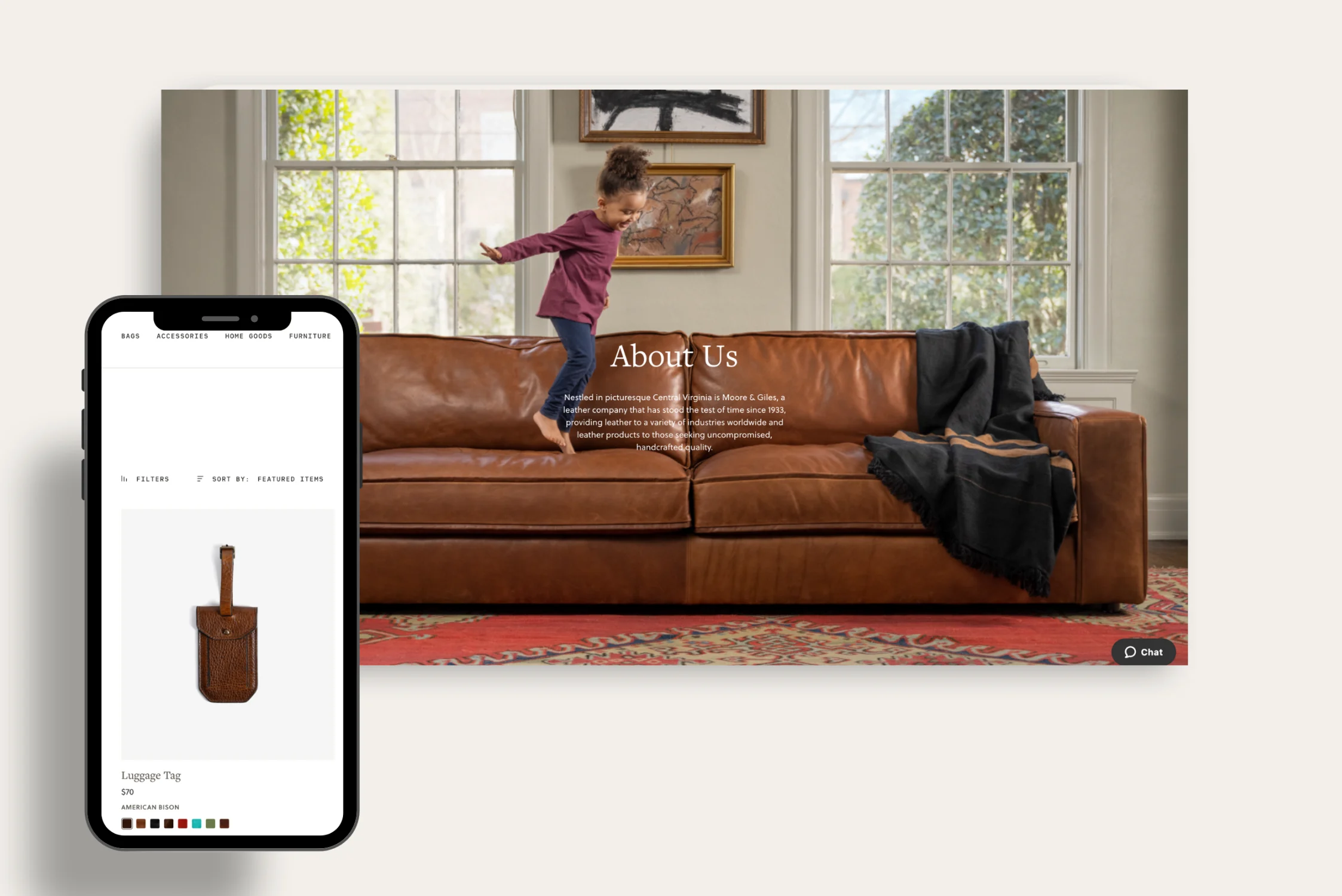 A mobile device shows a web page from Moore & Giles with a featured section titled 'About Us'. Beside the phone is the webpage displayed on a desktop, showing a child playfully stepping on a brown leather couch, echoing the brand's message of leather that integrates into everyday life.