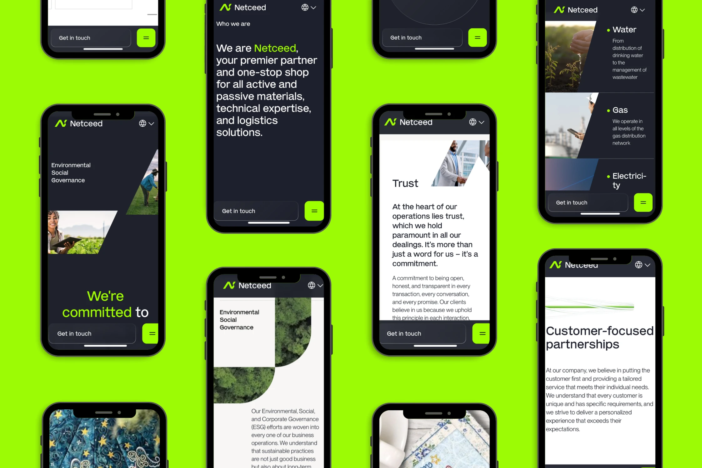 A collection of Netceed’s mobile site screens in various content sections including 'Trust', 'Environmental Social Governance', and 'Customer-focused partnerships', displayed on black mobile phones with green accents.