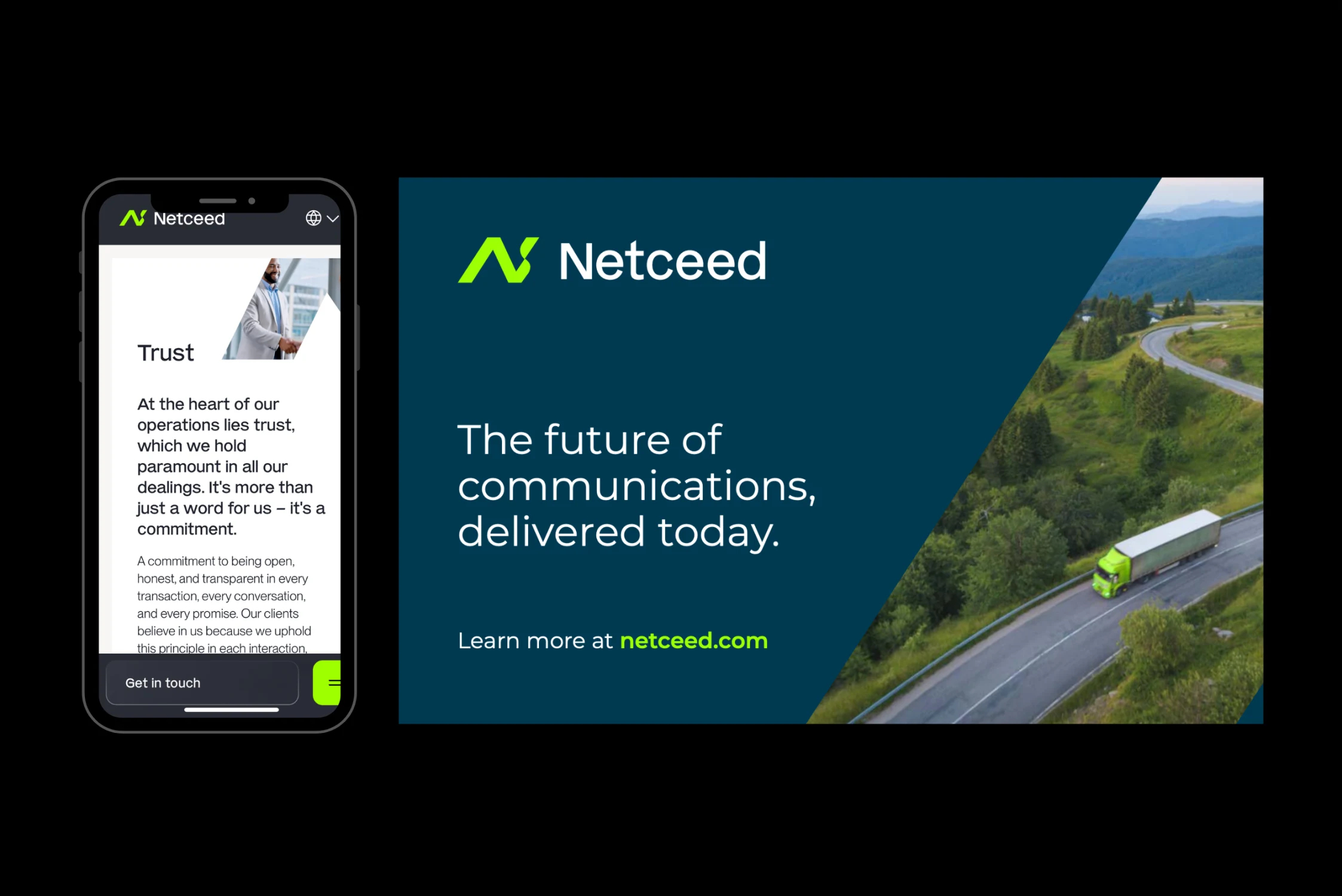 Mobile phone and tablet screens displaying different aspects of Netceed's business, including sustainability goals, product categories, and company values like trust and commitment to environmental stewardship.