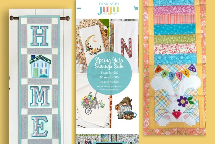 A collage of various embroidered and quilted designs including home decor banners, seasonal towels, and a promotional graphic for a spring sale