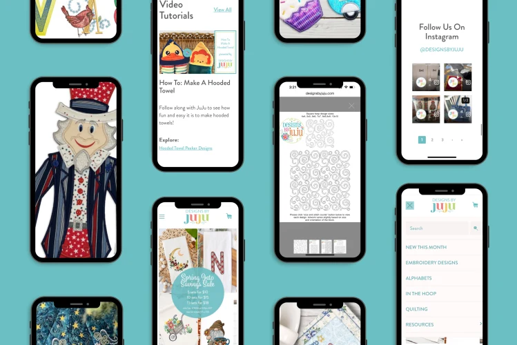 Screenshots of the Designs by JuJu mobile website interface displaying sale promotions, featured embroidery products, and a navigation menu.