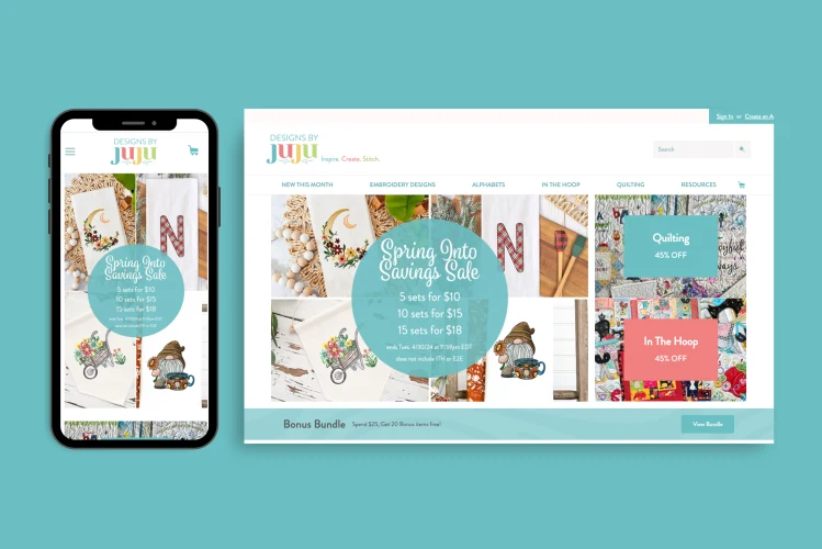 A compilation of screenshots from the Designs by JuJu website showing various product offerings, promotional deals, and tutorial sections."