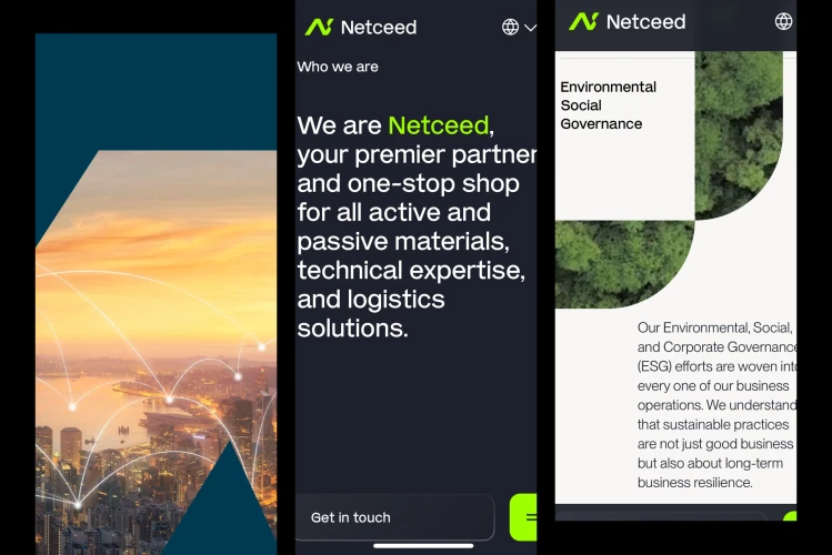 Digital promotional materials for Netceed, featuring a sunset cityscape with connected lines over it. A text panel reads: 'We are Netceed, your premier partner and one-stop shop for all active and passive materials, technical expertise, and logistics solutions.'