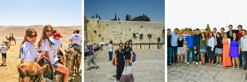 3 photos from Alex Levitt's Birthright Israel trip: in the Negev riding a camel, at the Kotel, and in Tel Aviv