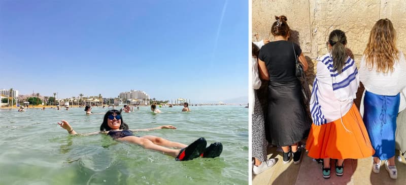 A collage of photos of 2022 Birthright Israel participant Ava Rigelhaupt floating in the Dead Sea and praying at the Kotel