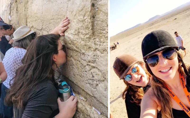 2017 Birthright Israel alum Jordyn Tilchen photo collage at the Kotel and riding a camel in the Negev