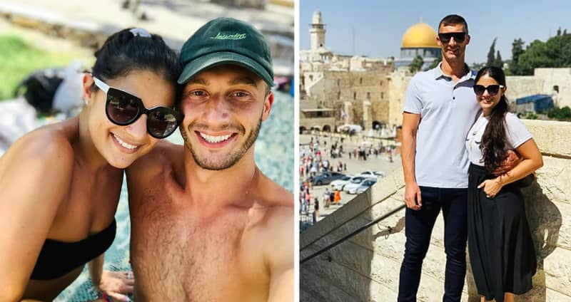 A collage of photos of Loren and Alexei Brovarnik in Israel: on the beach and at the Kotel