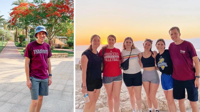 2022 Birthright Israel alumnus Noah Friedman in Rabin Square in Tel Aviv and with his group on top of Masada at sunrise
