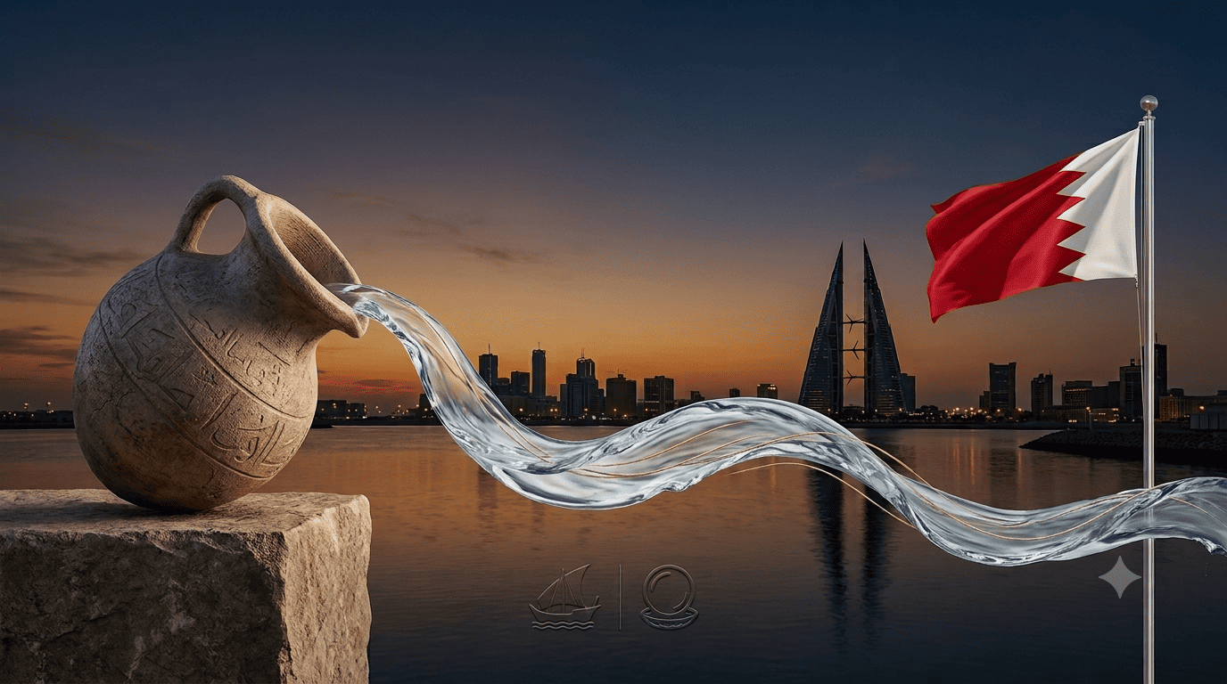 Manama skyline with Bahrain flag and fresh water reflecting sovereign heritage