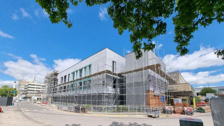 scaffolding around a commercial building