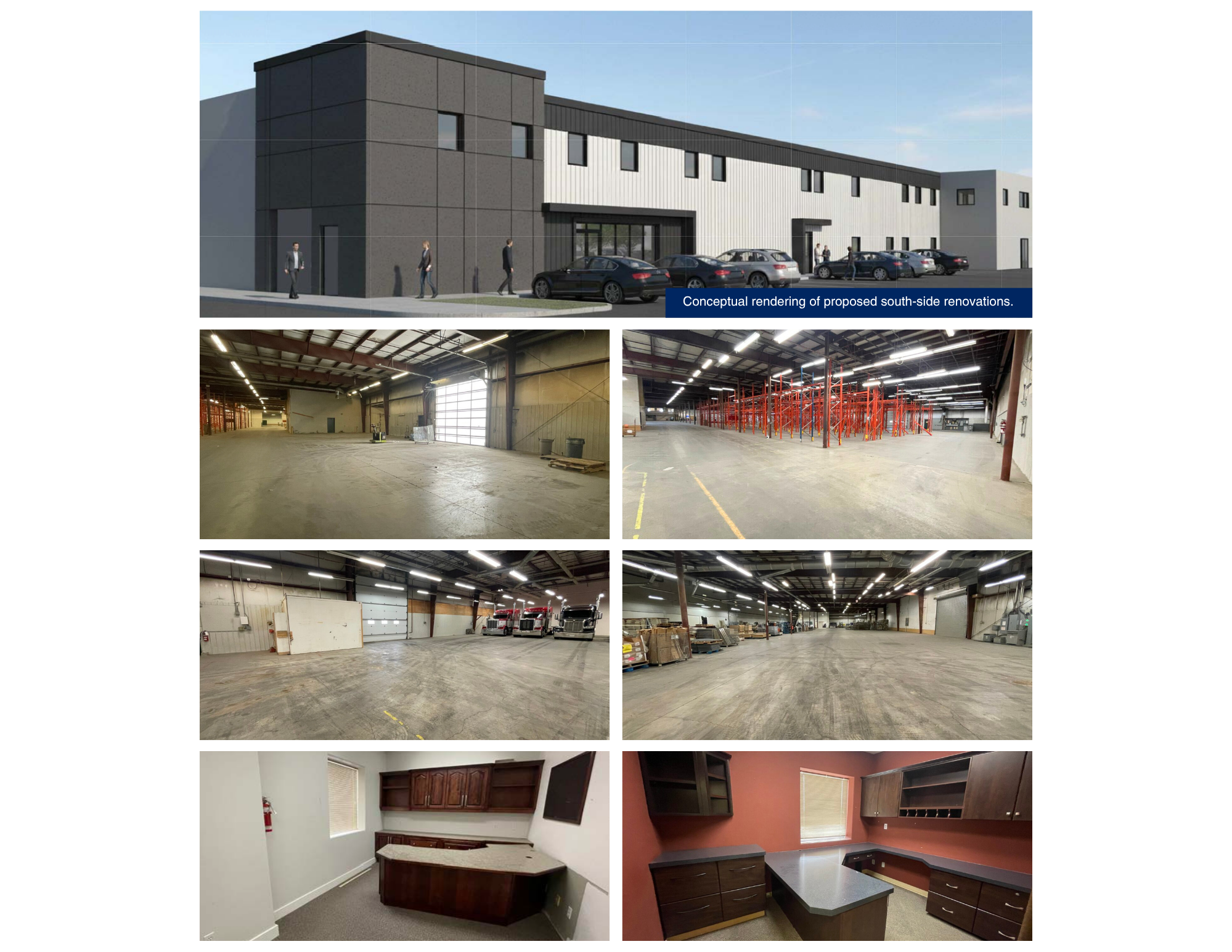 Interior views — warehouse bays, loading docks, and office suites