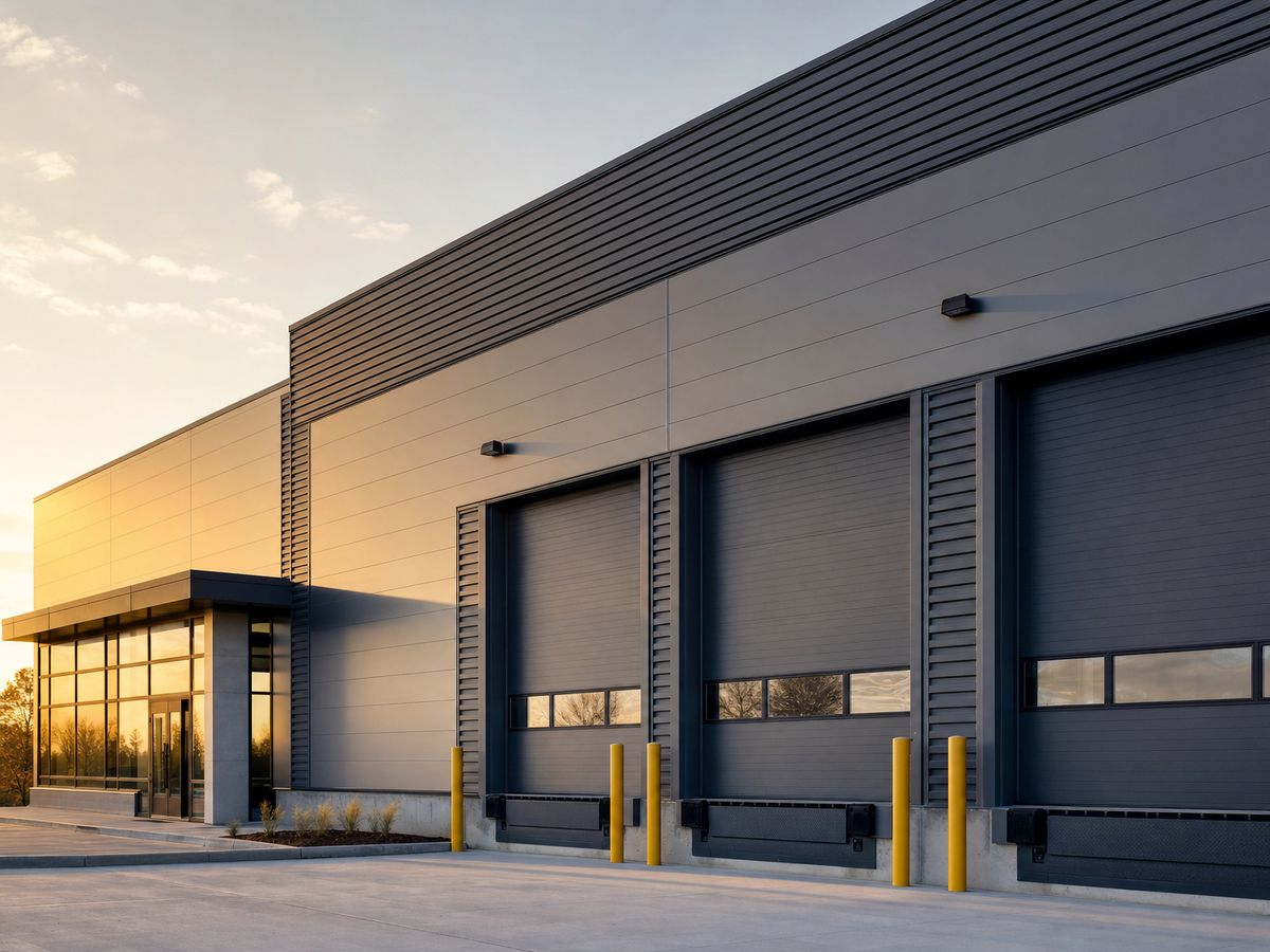 Modern industrial building exterior with loading docks at golden hour
