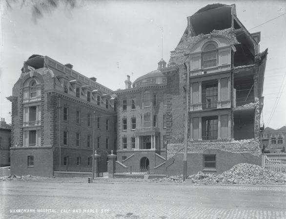 image of a demolished building of Hahnemann Hospital in California, year 1906.