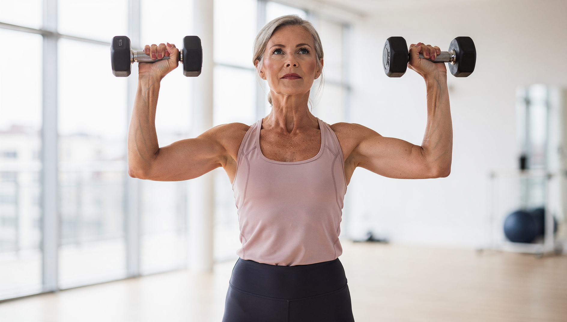 Woman in her early 60s doing a standing dumbbell shoulder press in a bright airy fitness studio
