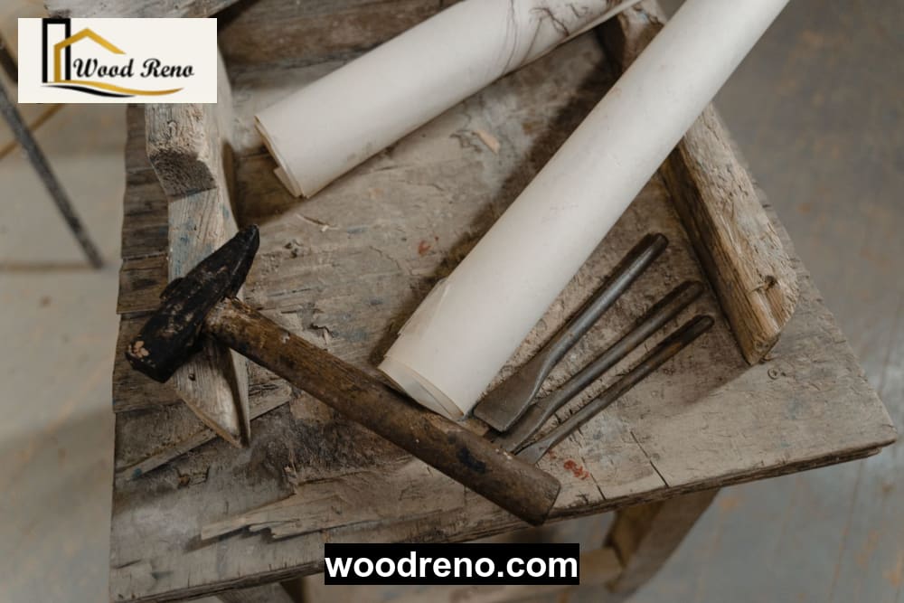 Workshop table with tools and eco-friendly materials used for repairing wood furniture