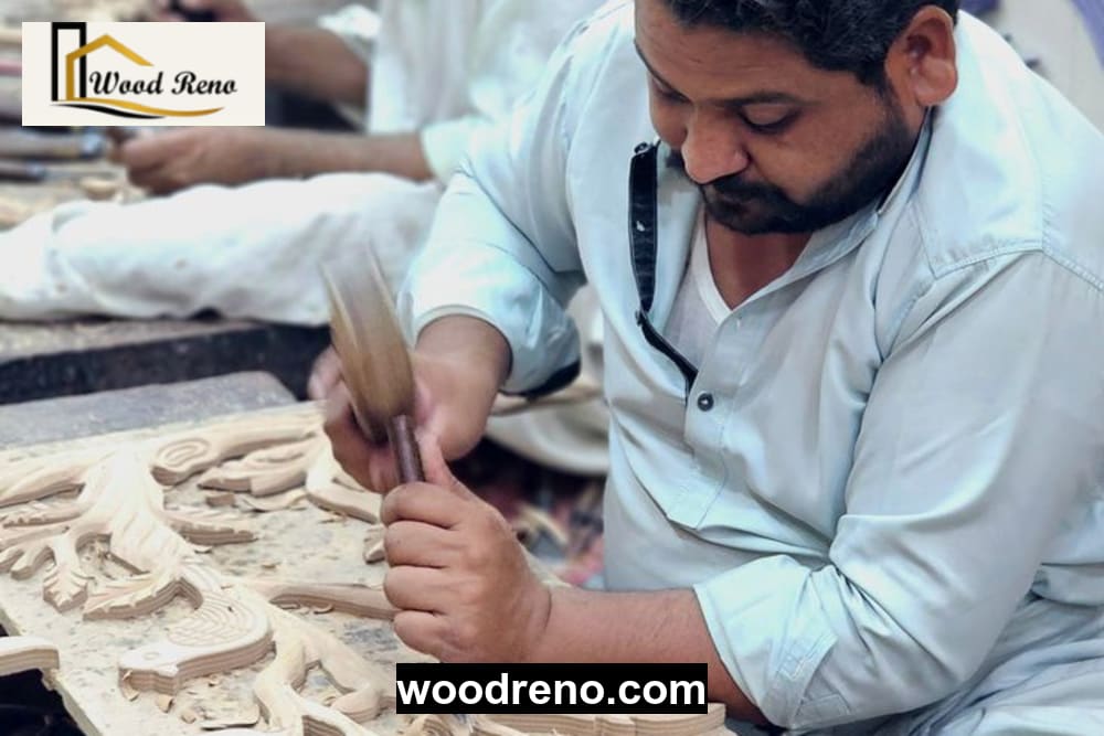 Craftsmen working at a wood restoration workshop in Pakistan restoring bedroom cupboards sustainably