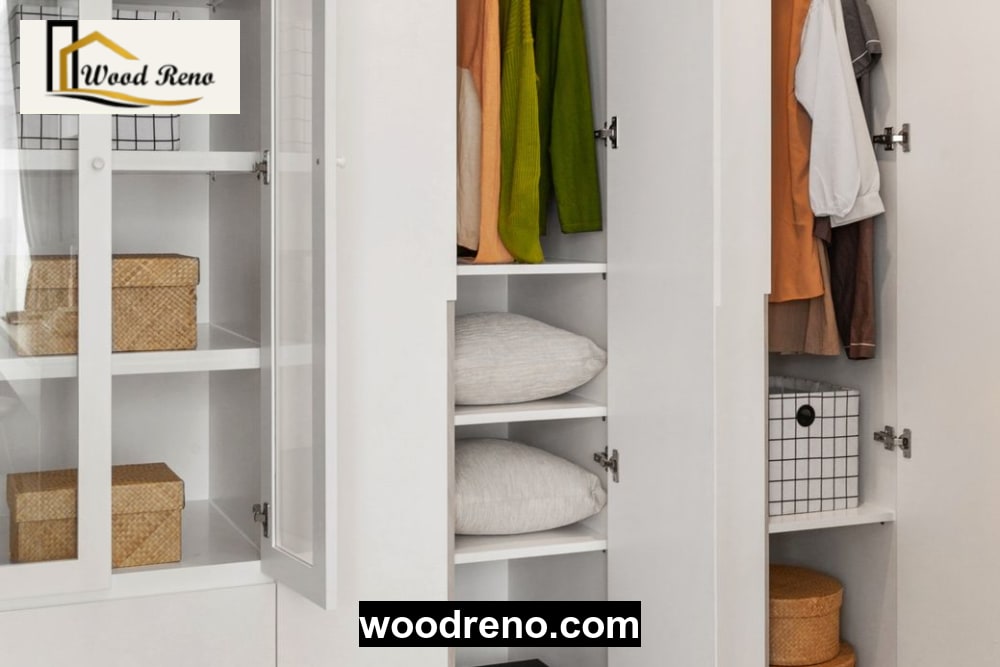 Annotated six-foot three-door MDF wardrobe layout with hanging space, shelves, drawers and loft storage