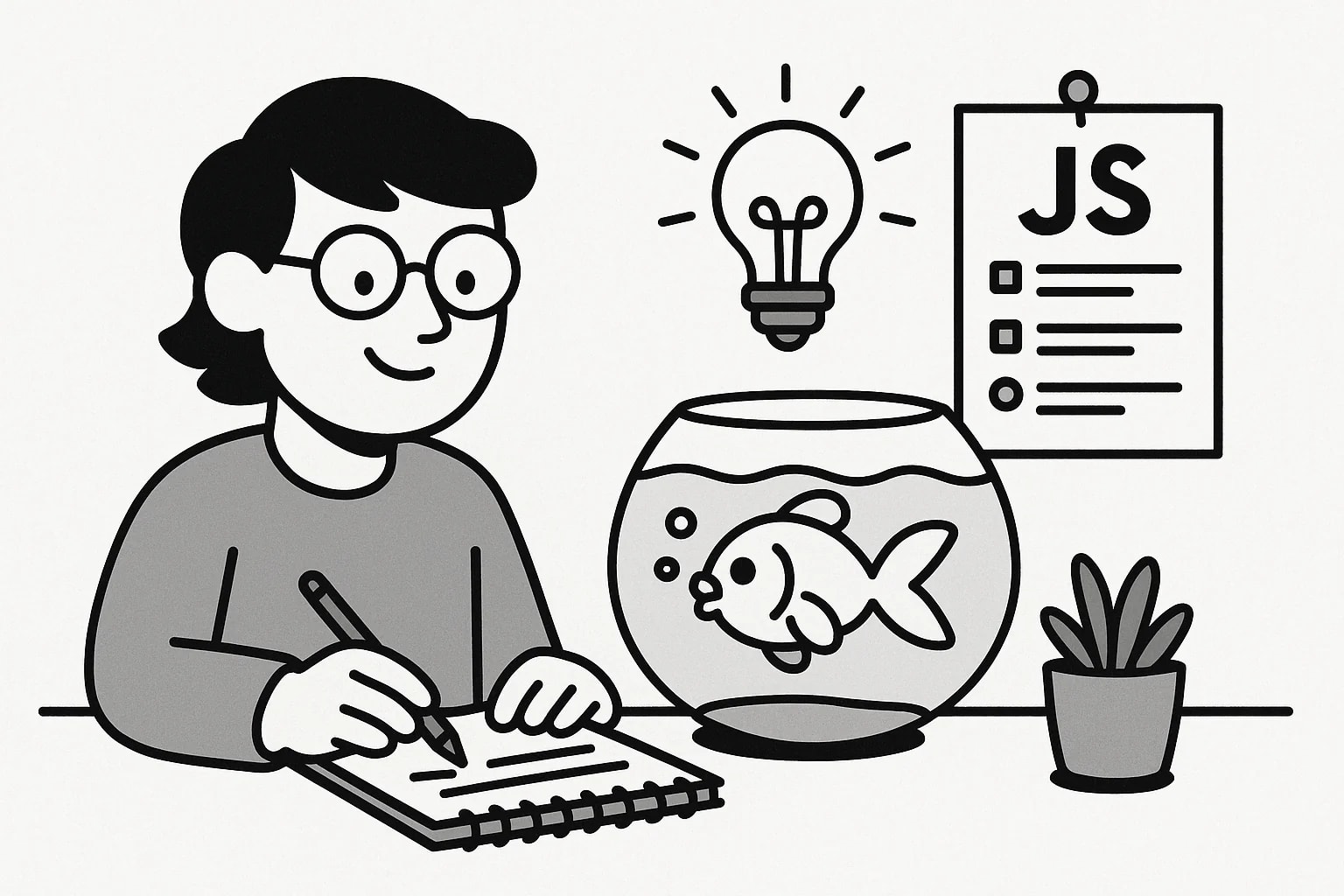 Javascript developer writing notes on a paper tablet
