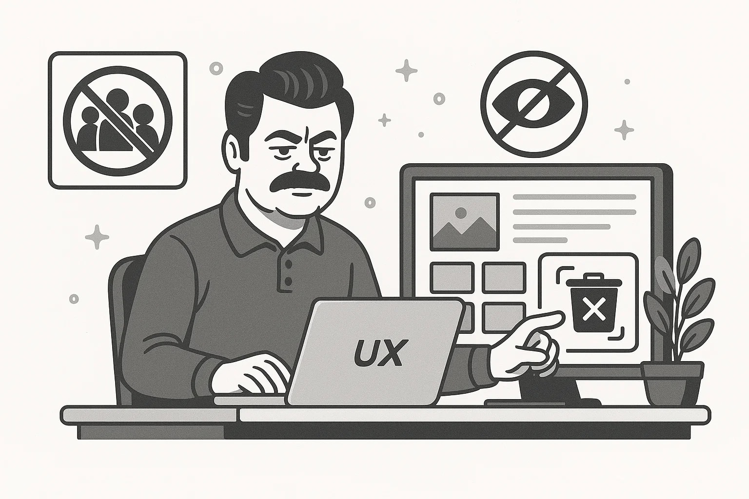 Ron Swanson sitting at a desk with a computer, looking serious about UX.