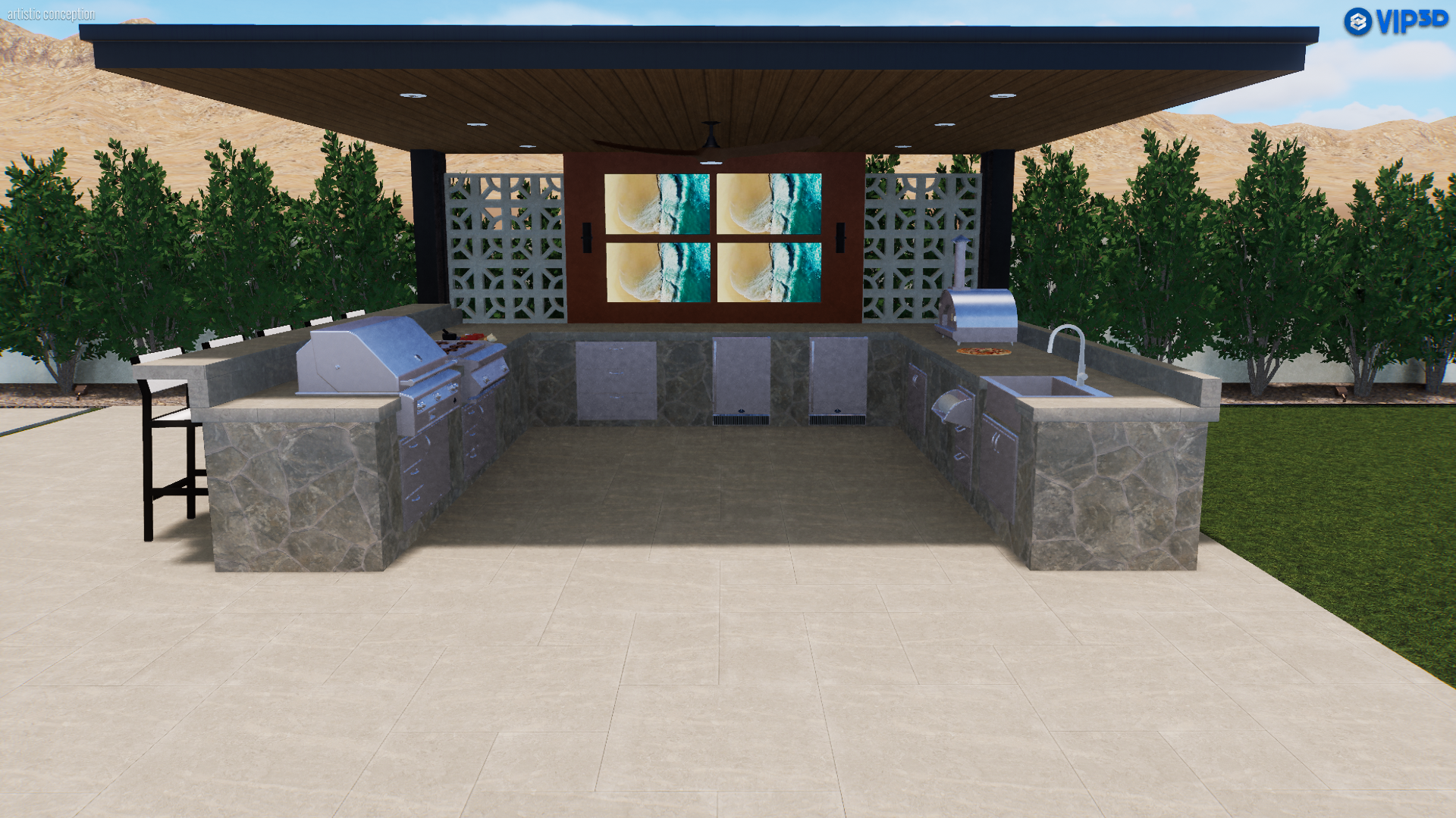 Scottsdale pool, spa and hardscape 3D rendering